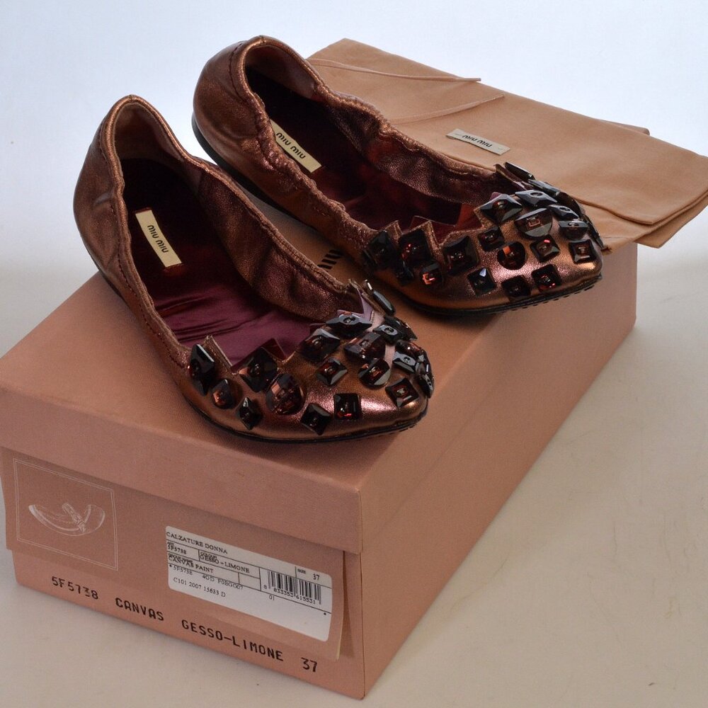 Miu Miu Prada Metallic Rose Jeweled Flats Ballet Leather Shoes 36 1/2